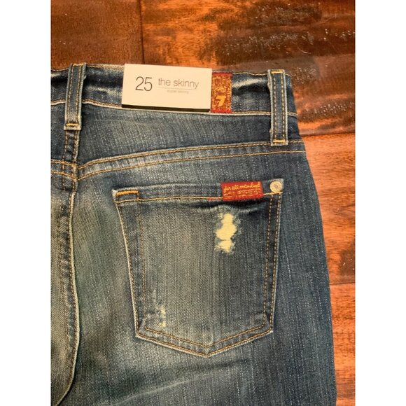 7 For All Mankind Med Wash Skinny Super Skinny Distressed Blue Jeans, Sz 25 NWT - Picture 6 of 6